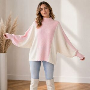 Vince Camuto Oversized Sweater XXS Pink Ivory Mock Neck Cozy Quiet Luxury